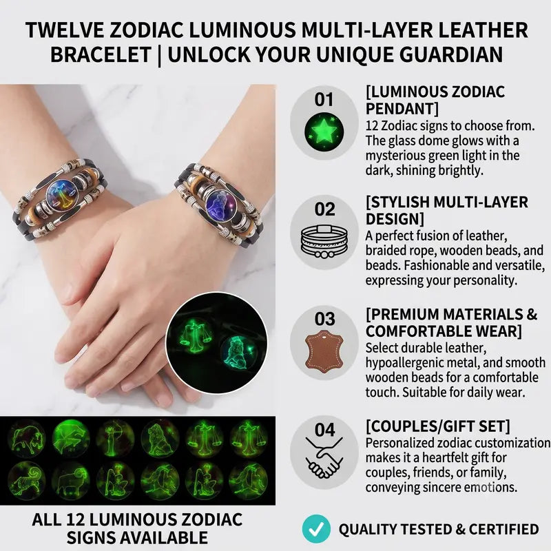 Glow-in-the-Dark 12 Zodiac Signs Leather Bracelet for Women Men 6.9in/8.1in, Glowing Effect Jewelry for Astrology Lovers, Fashion Accessory Jewelry Gift