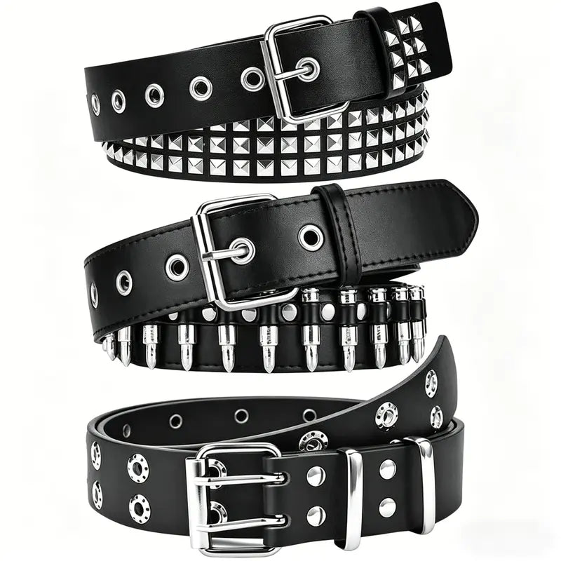 Women's 9-Pack Emo Studded Punk Cuff Bracelet Set, Black Faux-Leather Safety Bracelets Stack, Adjustable Fashionable Jewelry Accessories for Halloween Cosplay