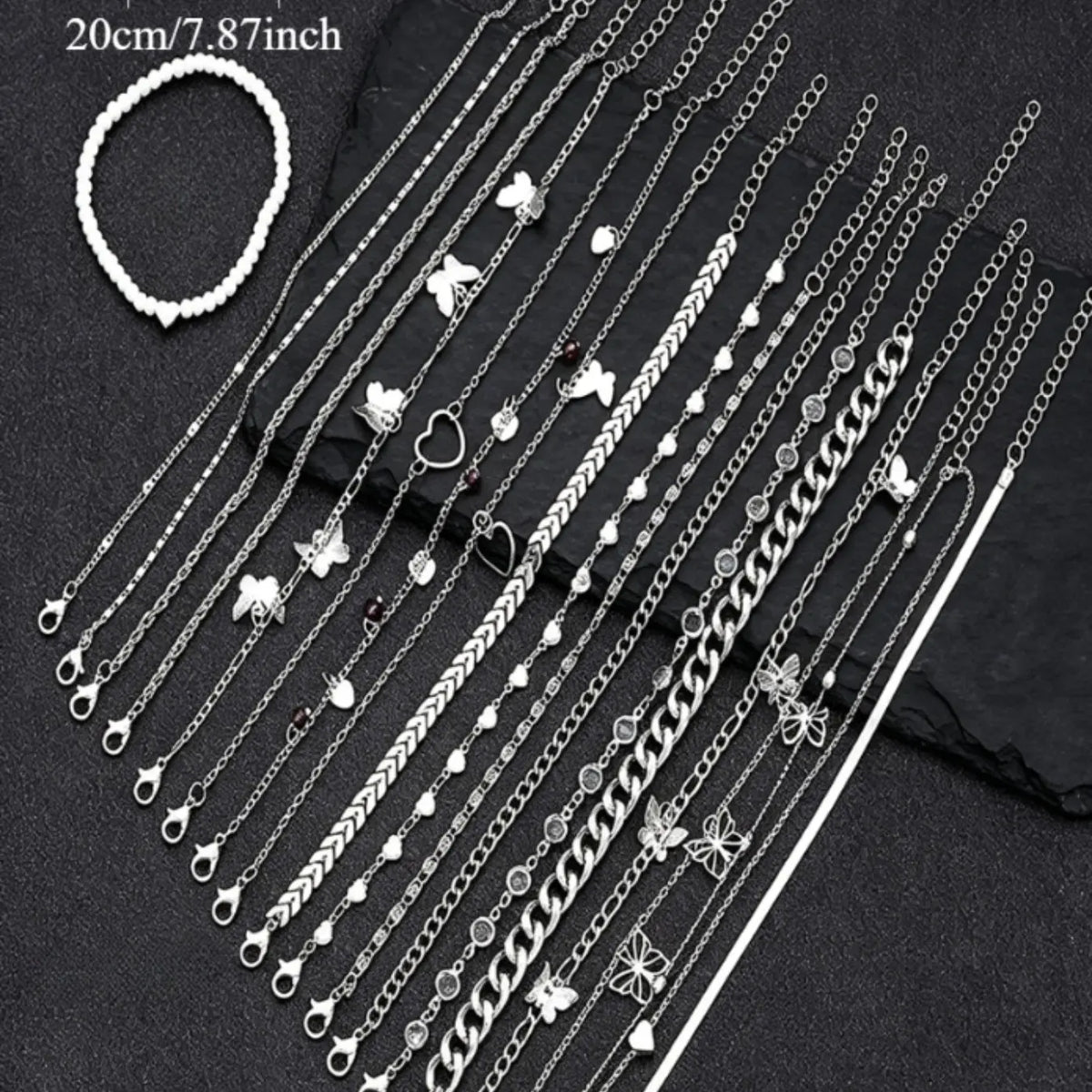 19 Pcs Simple Fashion Casual Layered Anklets, Foot Jewelry, Fashionable Accessory, Alloy Butterfly Heart Design, Perfect for Daily Wear, Parties, Gifts, Valentine's Day, Birthday