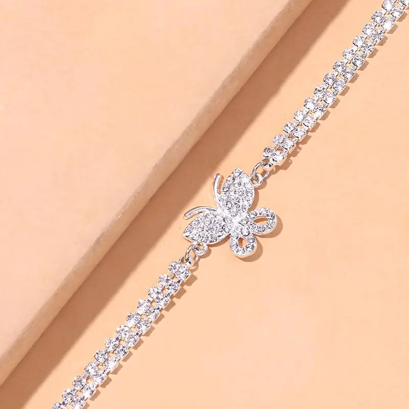 Fashionable Luxury Rhinestone Jewelry, Full-Drill Butterfly Anklet with Claw Chain and Soldered Setting, Women's Accessory Gift
