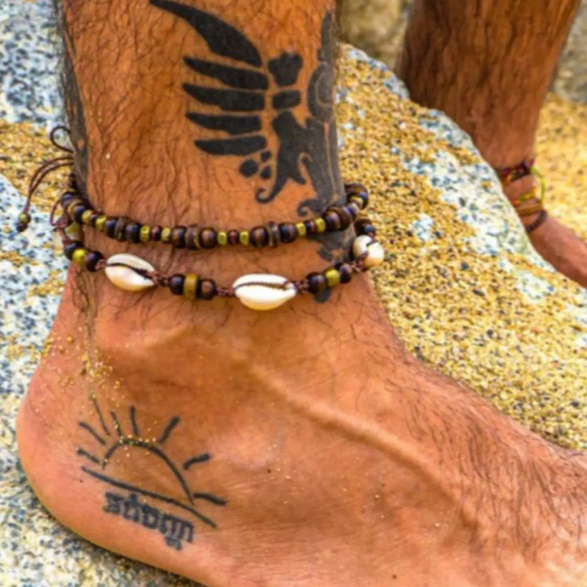 Boho Ethnic Shell Wood Bead Coconut Shell Anklet, Adjustable Woven Beach Vacation Bracelet, Men's Fashion Foot Jewelry, Fashionable Accessory
