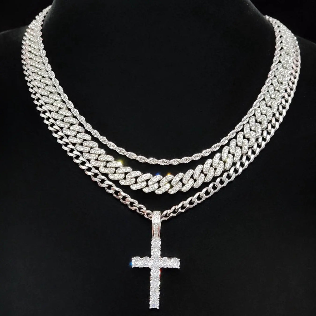 Street Style Artificial Zircon Inlaid Iced Out Cross Pendant & Cuban Link Design Chain Necklace, Costume Jewelry Necklace, Fashion Jewelry for Party, Daily Clothing Decor, Trendy All-match & Exquisite Jewelry for Birthday Gift, Zircon Stones Necklace