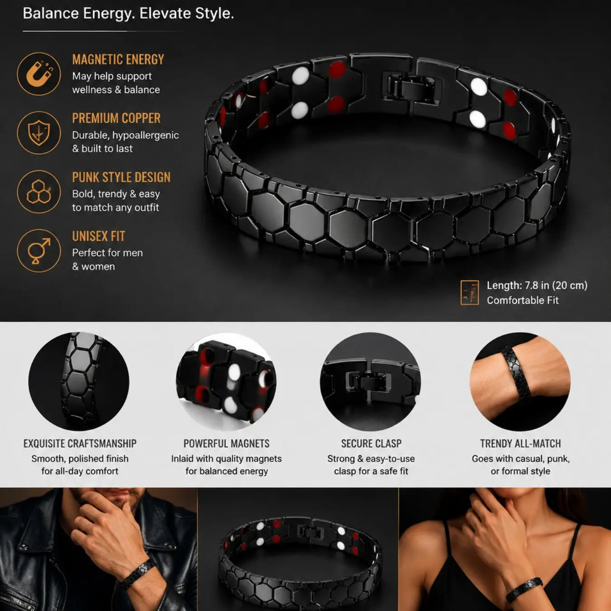 Copper Magnetic Bracelet Energy Men Women, 7.8in Alloy Chain Bracelet Bangle Fashionable Bangle, Link Bracelets for Men & Women, Punk Style l ,Trendy All-match & Exquisite Jewelry for Birthday Gift