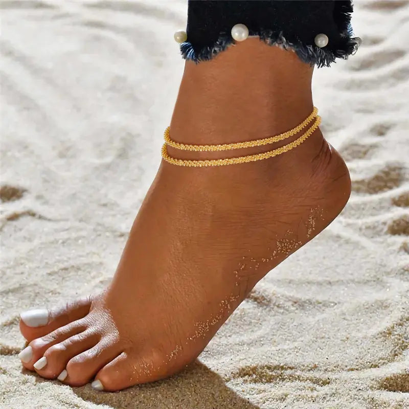 Dearmay Gold Ankle Chain Jewelry for Women with Zirconia Pendant Summervibes Double-Layer Ankle Bracelets Elegant Summer Beach Gift for Teen Girls&Mother