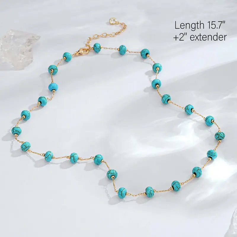 Women's  Handmade Brass (Copper Base) Turquoise Beaded Choker Necklace - Gold-Plated for Luxe Look Boho Southwestern Jewelry, Adjustable Comfort-Fit Female Accessory, Summer Beach Gift for Women
