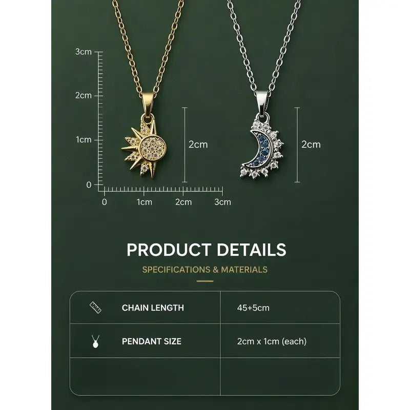 Magnetic Sun-Moon Couple Necklaces - Gold-Silver Zircon Alloy Stackable Pendants, Hypoallergenic Adjustable Chains, Unisex Decorative Bling Casual Trendy Jewelry, Gifts for Boyfriend, Necklaces for Women