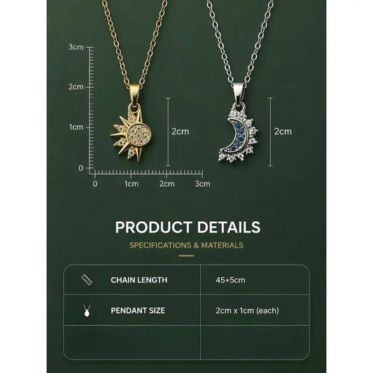 Magnetic Sun-Moon Couple Necklaces - Gold-Silver Zircon Alloy Stackable Pendants, Hypoallergenic Adjustable Chains, Unisex Decorative Bling Casual Trendy Jewelry, Gifts for Boyfriend, Necklaces for Women