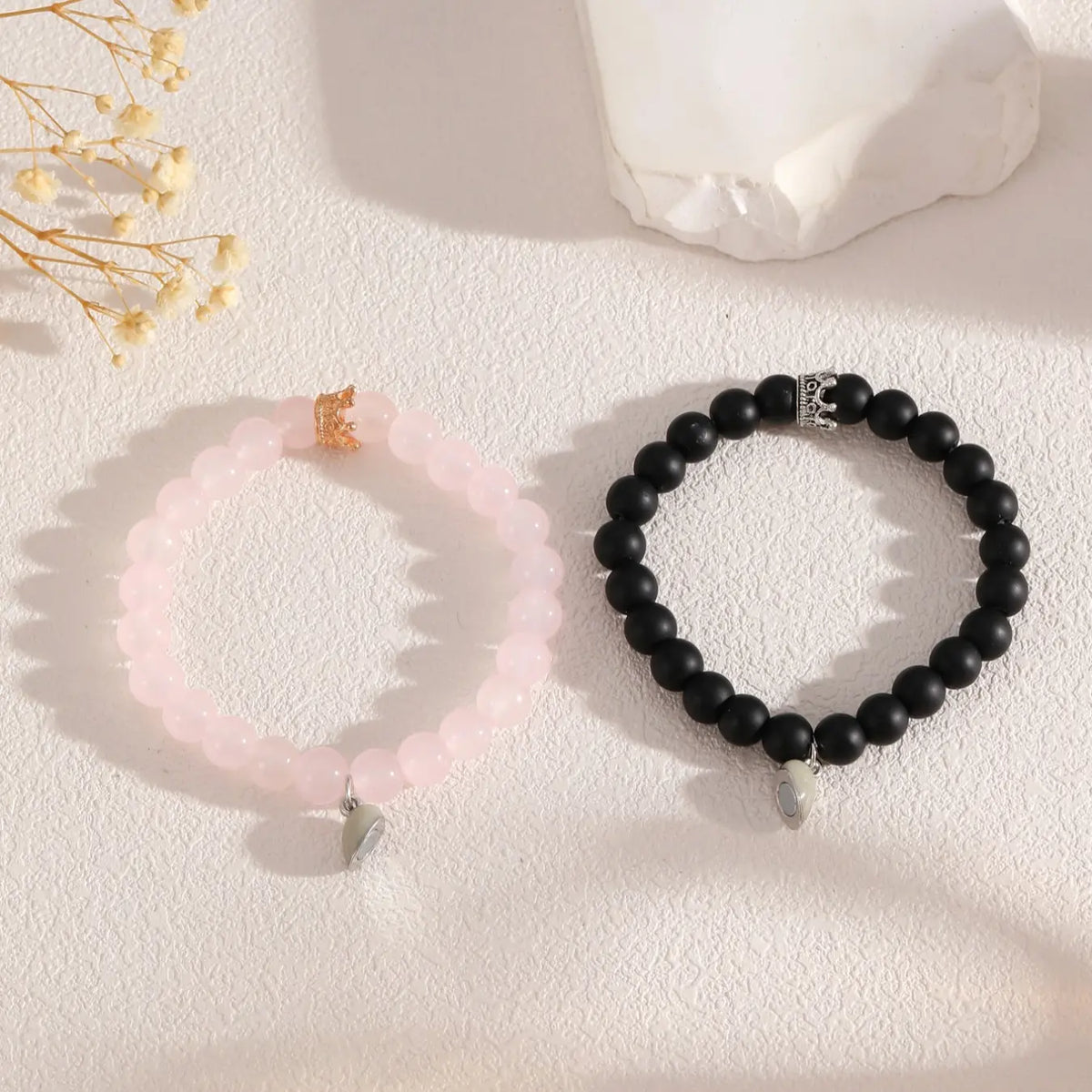 2 Piece Glow-In-The-Dark Heart Magnetic Elastic Beaded Bracelets, Simple Versatile Couple Matching Bangles, Bracelet Sets for Couples, Valentine's Day Romantic Gift, Valentines Day Jewelry, Glass Bead Bracelet