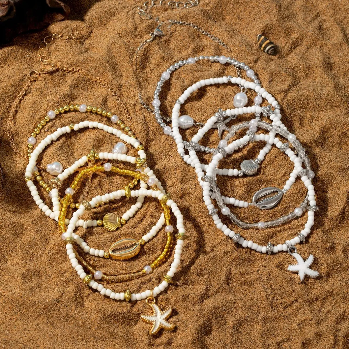 6 Pcs Bohemian Beach Style Enamel Starfish Rice Bead Anklets, Multi-layered Shell Beaded Jewelry Anklets for Casual and Vacation Wear, Boho Anklet