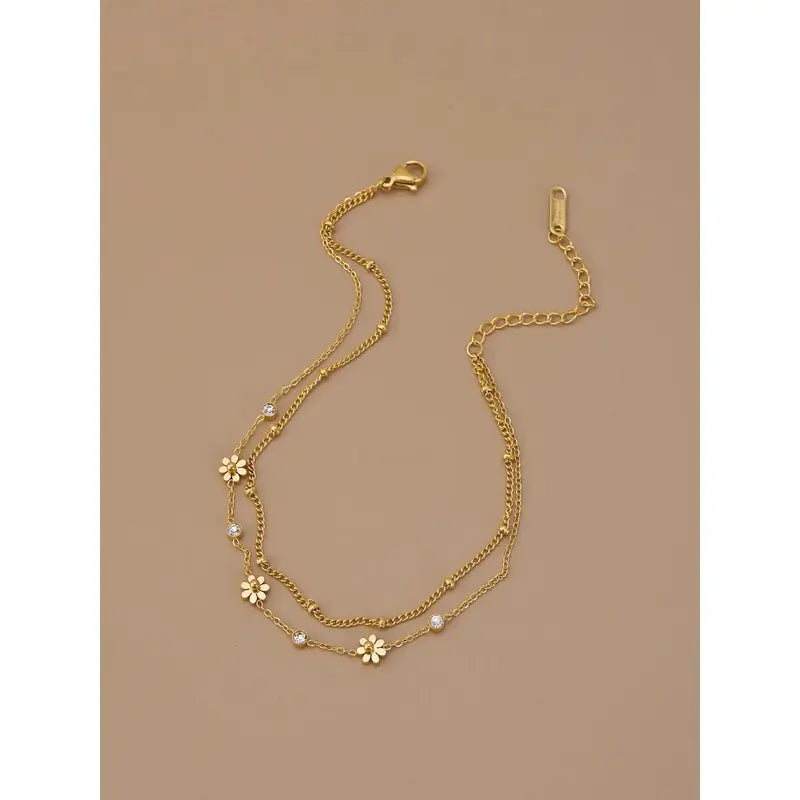 Gold Daisy Layered Design Anklet for Women, Stainless Steel Double Chain Ankle Bracelet with Cubic Zirconia, Adjustable Fit Flower Foot Jewelry for Summer Beach men cuban link tarnish proof Heart Rate Couples Set