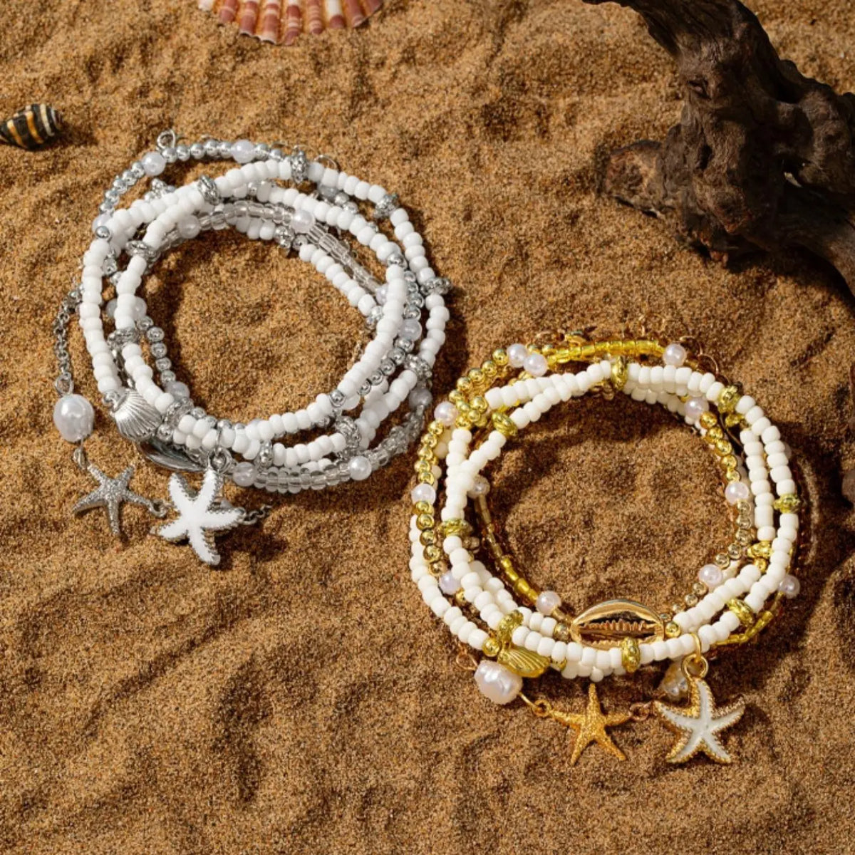 6 Pcs Bohemian Beach Style Enamel Starfish Rice Bead Anklets, Multi-layered Shell Beaded Jewelry Anklets for Casual and Vacation Wear, Boho Anklet