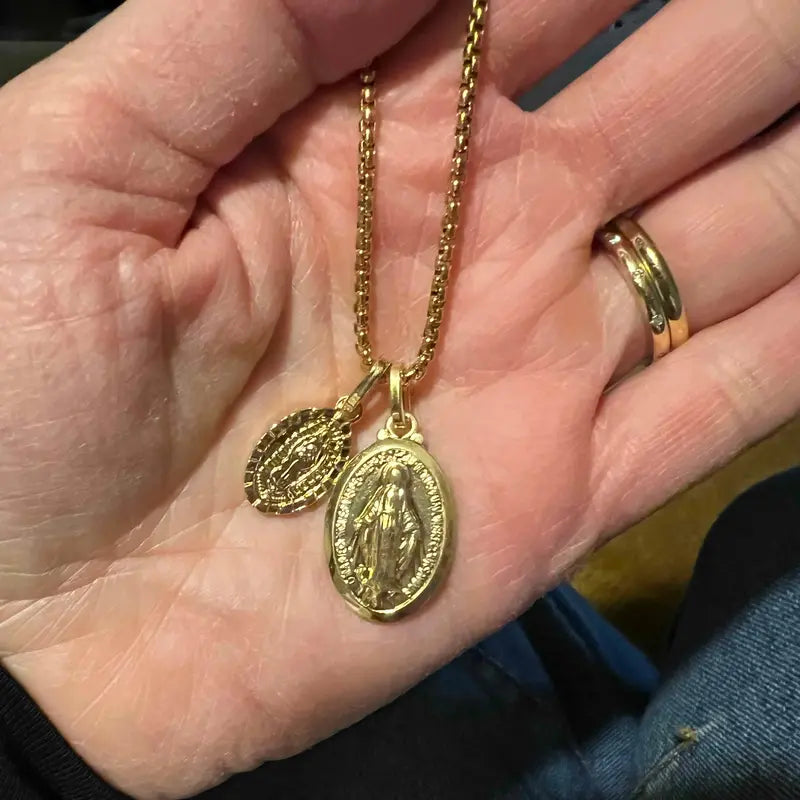 Hermah Double Virgin Mary Pendants Necklace Stainless Steel Box Link (2 charms + 1 chain)