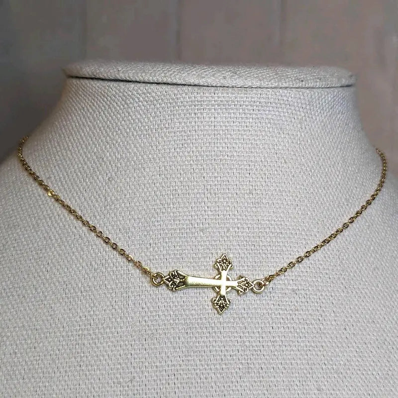 Small Sideways Cross Choker Necklace Silver And Gold
