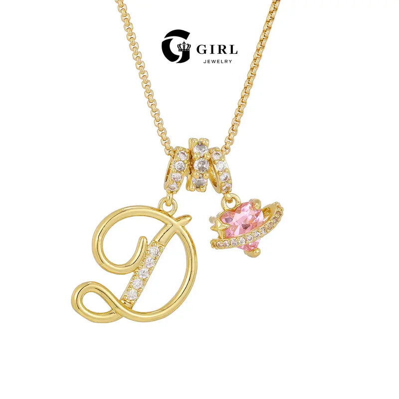 GGIRL Dopamine Alphabet Initial Necklace - 26 English Letter Pendants, Pink Holiday Heart Design, Colorful Initial Necklaces, Fashionable Accessory, Cute Girly Trendy Teen Gifts