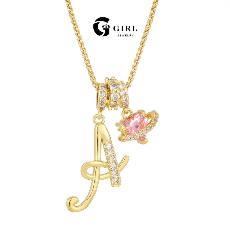 GGIRL Dopamine Alphabet Initial Necklace - 26 English Letter Pendants, Pink Holiday Heart Design, Colorful Initial Necklaces, Fashionable Accessory, Cute Girly Trendy Teen Gifts