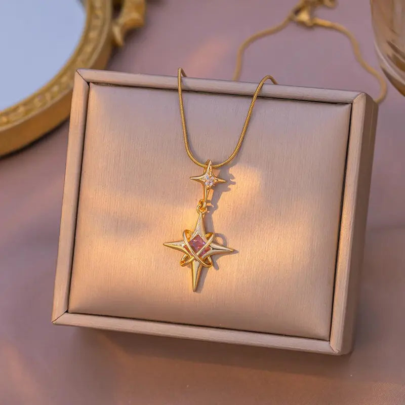 CASSIECA Pointed Star Cross Pendant Stainless Steel Necklace 40cm Long Clavicle Chain, Dainty Non Tarnish Luxury Jewelry with Cubic Zirconia, Retro Style Daily Wear Accessories, Ideal Gifts for Women, Stainless Steel Necklaces Sohochic