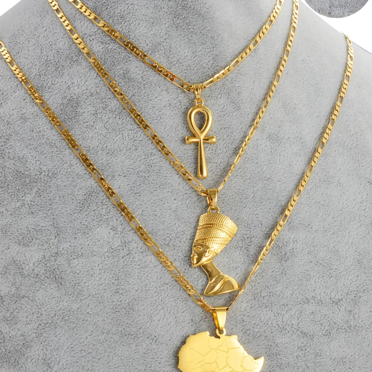 3pcs Necklaces Together Ankh Nefertiti Africa Map Pendant Gold/Silver Color Birthday Party Ethnic Jewelry Women Stacking Necklace