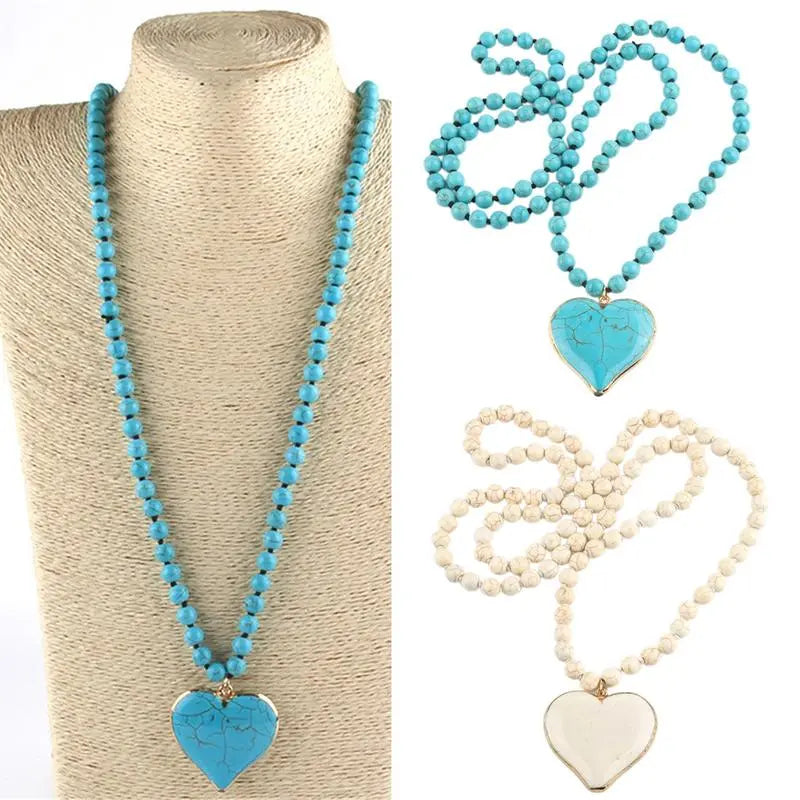 Women's Boho Vintage Turquoise Stone Fashion Necklace - 86-88cm Long Layered Chain, Allergy-Safe Blue Jeweled Pendant, Handmade Coastal Artistic Statement Costume Jewelry, Festival Beach Gift