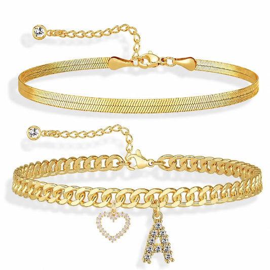 Double-Layer 26-Letter Gold Tone Chain Heart Anklet for Women, Adjustable A-Z Initial Ankle Bracelet, Dainty Layered Jewelry, foot jewelry, Birthday Christmas Gift for Her
