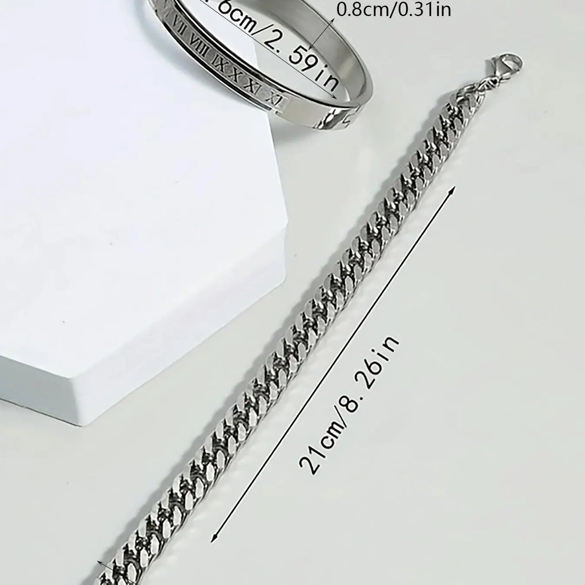 2 Counts/Set Men's Summer Plain Stainless Steel Link Chain Bracelet & Roman Numerals Design Bangle, Jewelry for Birthday Gift, Fashion Bracelets, Bracelet Sets, Stacked Design Bracelets