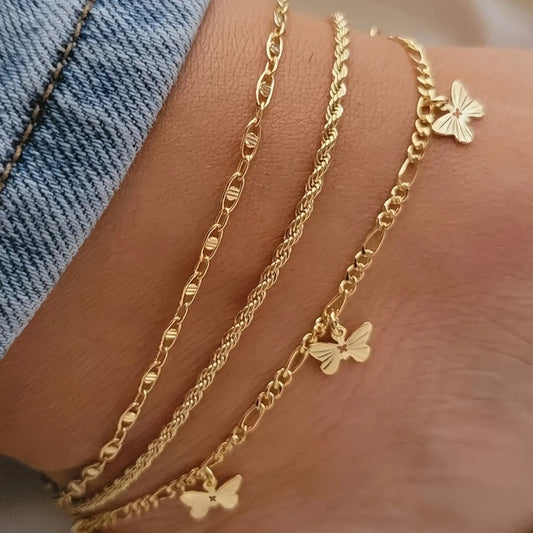 3-Piece Retro Boho Butterfly Chain Ankle Bracelet Set, Casual Copper Anklets for Summer Parties, Ideal Gift, Trendy Fashionable Accessories, Foot Jewelry