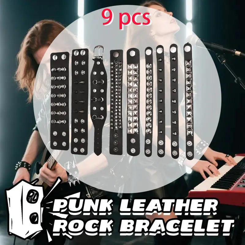Women's 9-Pack Emo Studded Punk Cuff Bracelet Set, Black Faux-Leather Safety Bracelets Stack, Adjustable Fashionable Jewelry Accessories for Halloween Cosplay