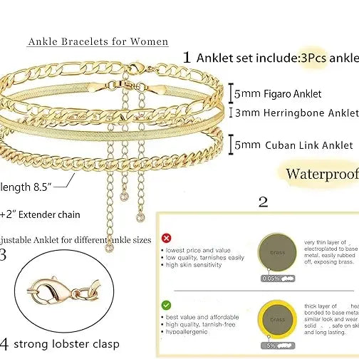 Tewiky Anklet Bracelets, Cuban Link Anklets Set, Layered Anklets for Women, Waterproof Jewelry Gift For Mother‘s day