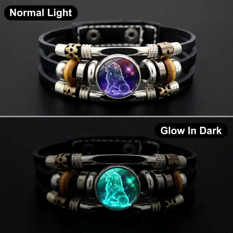Glow-in-the-Dark 12 Zodiac Signs Leather Bracelet for Women Men 6.9in/8.1in, Glowing Effect Jewelry for Astrology Lovers, Fashion Accessory Jewelry Gift