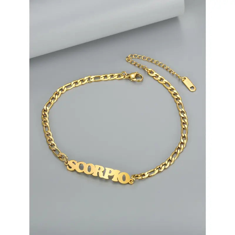 Women's Stainless Steel 12 Constellation Alphabet Letters Initial Anklet - Cuban Chain Ankle Bracelet, Elegant Accessory for Daily Vacation Use