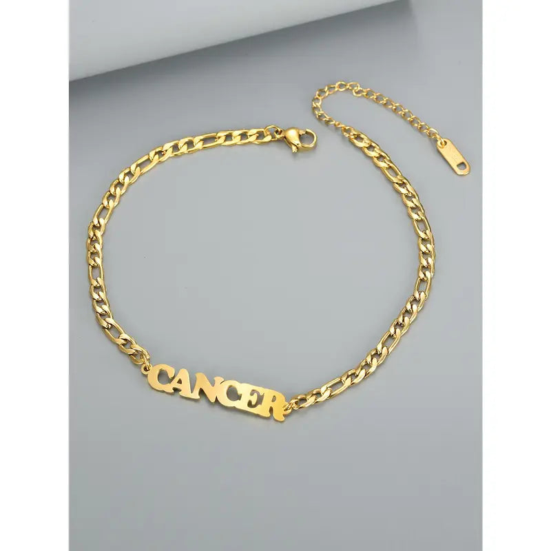 Women's Stainless Steel 12 Constellation Alphabet Letters Initial Anklet - Cuban Chain Ankle Bracelet, Elegant Accessory for Daily Vacation Use