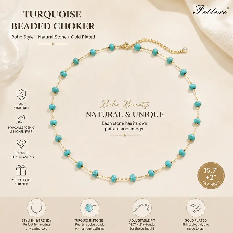 Women's  Handmade Brass (Copper Base) Turquoise Beaded Choker Necklace - Gold-Plated for Luxe Look Boho Southwestern Jewelry, Adjustable Comfort-Fit Female Accessory, Summer Beach Gift for Women