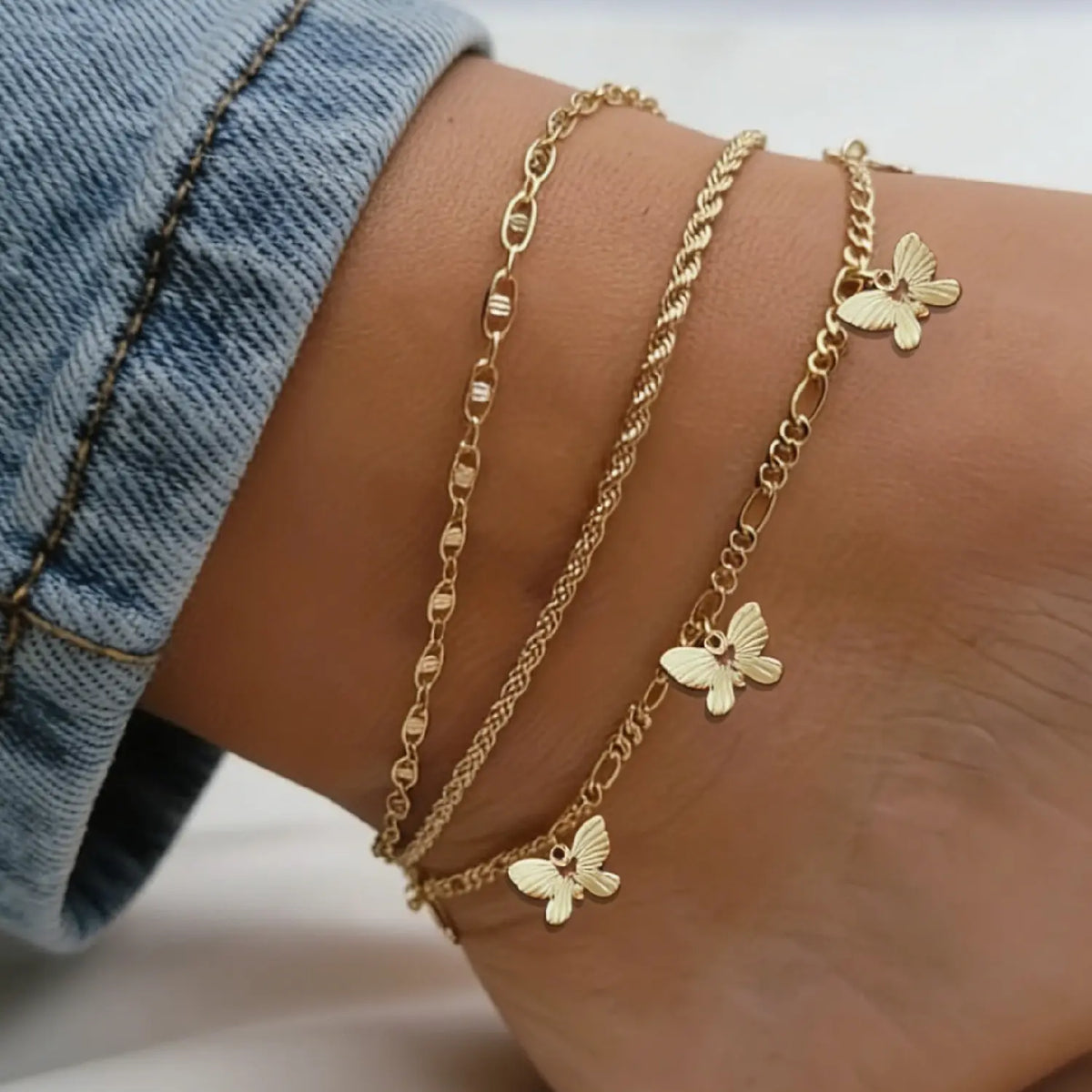 3-Piece Retro Boho Butterfly Chain Ankle Bracelet Set, Casual Copper Anklets for Summer Parties, Ideal Gift, Trendy Fashionable Accessories, Foot Jewelry
