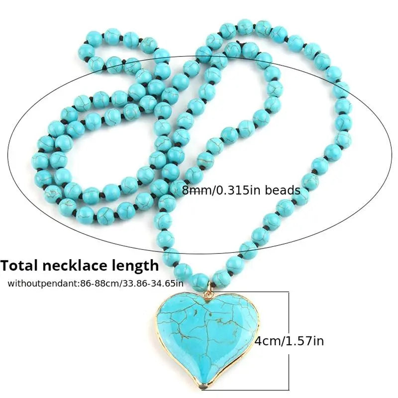 Women's Boho Vintage Turquoise Stone Fashion Necklace - 86-88cm Long Layered Chain, Allergy-Safe Blue Jeweled Pendant, Handmade Coastal Artistic Statement Costume Jewelry, Festival Beach Gift