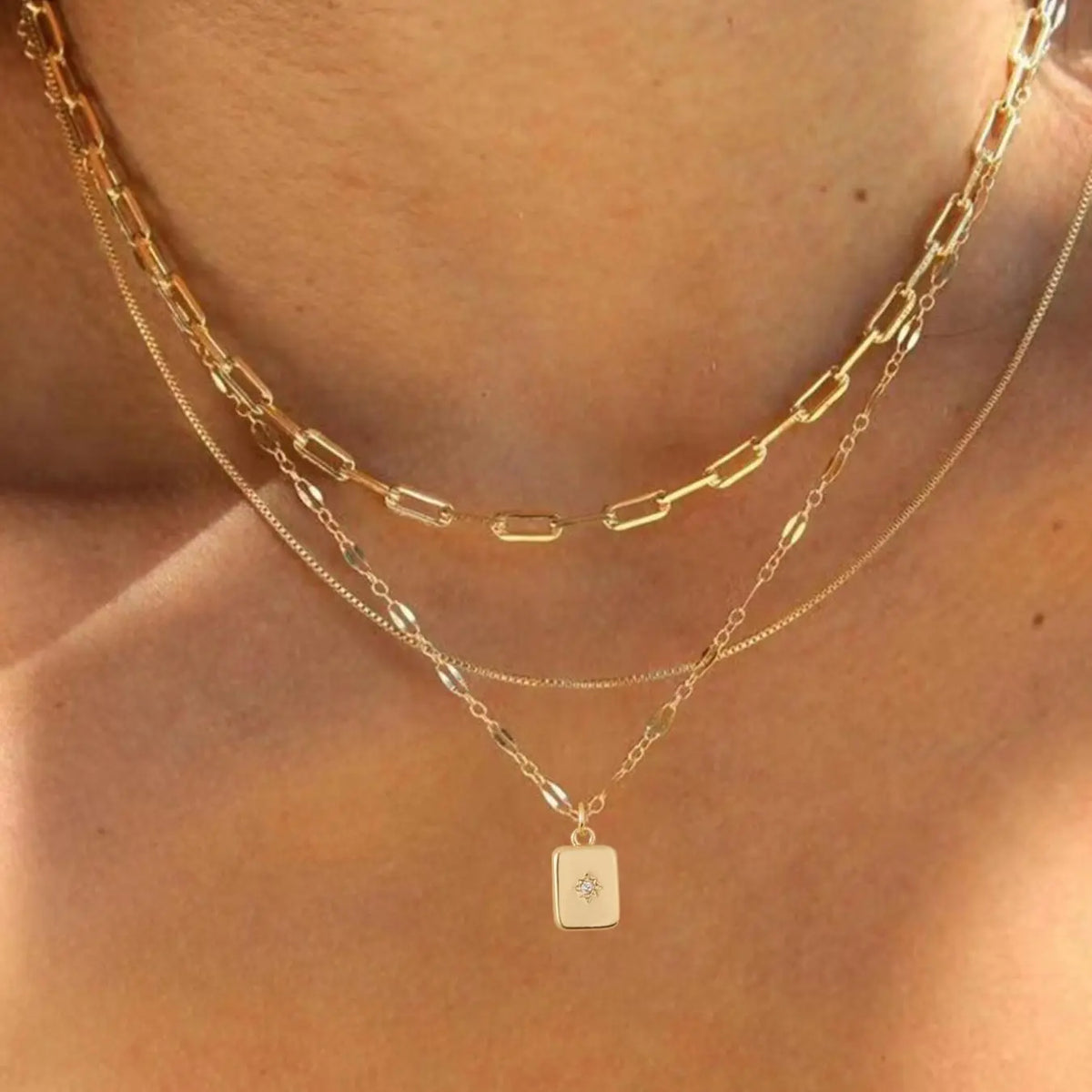 3 Piece Trendy Grid Paperclip Box Chain Necklace Set, Trendy Jewelry, Minimalist Rectangle Pendant with Sparkling Star Artificial Zircon