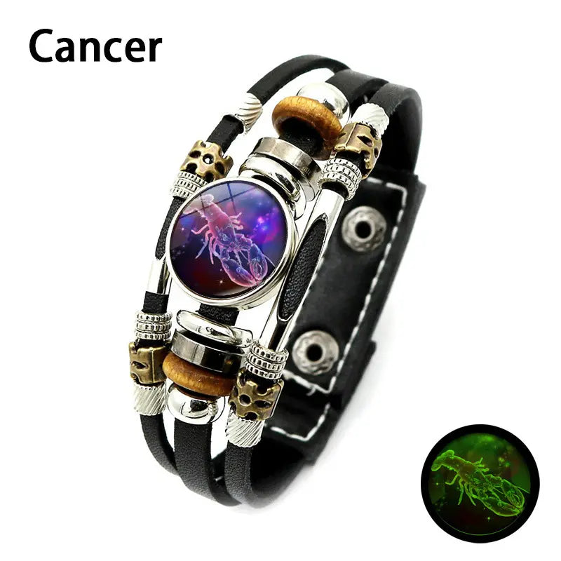 Glow-in-the-Dark 12 Zodiac Signs Leather Bracelet for Women Men 6.9in/8.1in, Glowing Effect Jewelry for Astrology Lovers, Fashion Accessory Jewelry Gift