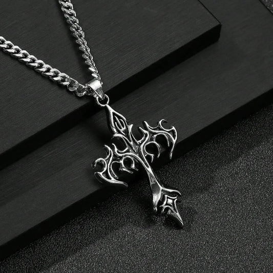 Men's Fashion Hip Hop Vintage Cross Pendant Necklace, Cuban Link Chain Necklace, Street Style Urban Edge Trendy Jewelry, Gothic Cross Design, Unique Fashion Accessory, Cross Necklaces