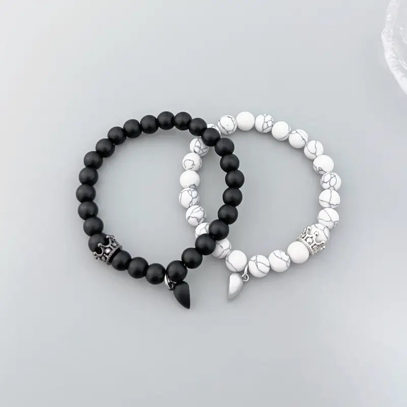 TMANI Couple-Themed Bracelets & Bangles Set, King-Queen Crown His-and-Her Heart Matching Bracelet Set, Long-Distance Relationship Anniversary Gifts for Boyfriends & Girlfriends, Fashion Costume Jewelry