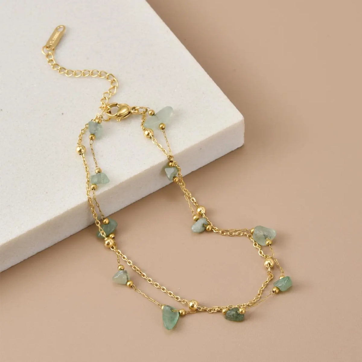 1 stylish green natural stone double-layer stainless steel women's anklet Dual Layered Dainty Layered Anklet Fashionable Jewelry Accessories Fashionable Accessory