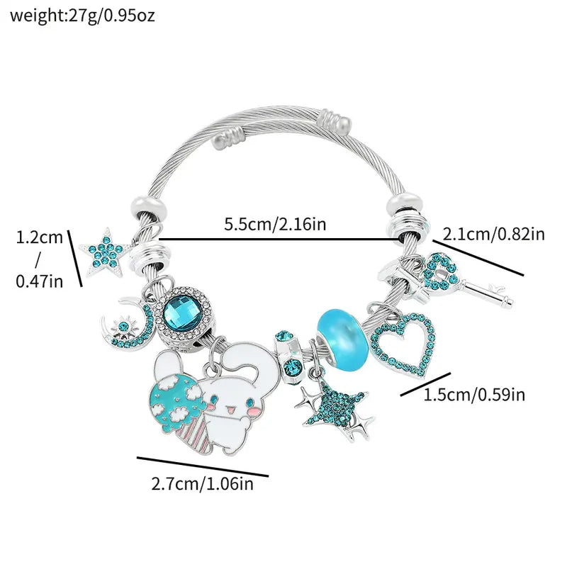 Sanrio Hello Kitty Charm Bracelet with Heart Key & Pink Bead Accents Adjustable Fit Sparkling Design for Sanrio Fans