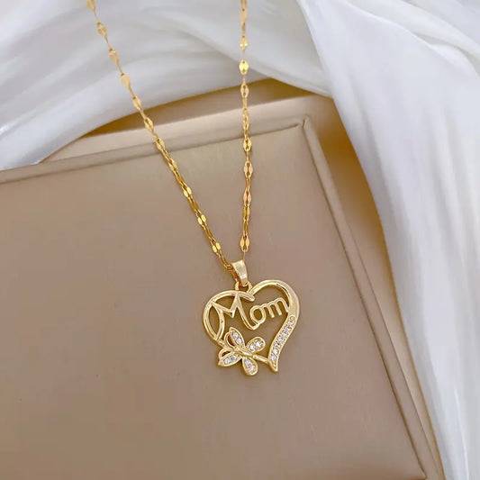 Women's Stainless Steel Heart-Shape Chain & Link Necklace with Butterfly Pendant, Elegant Wearable CZ Shine - Comfortable Female Gift for Mothers Day, Everyday Elegance for Daily Wear & Special Occasions