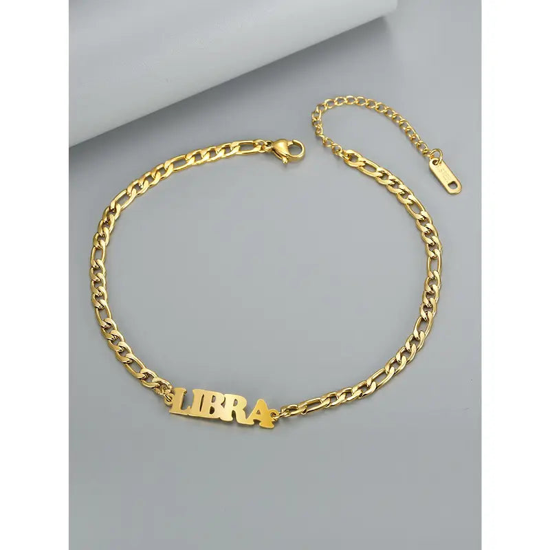 Women's Stainless Steel 12 Constellation Alphabet Letters Initial Anklet - Cuban Chain Ankle Bracelet, Elegant Accessory for Daily Vacation Use