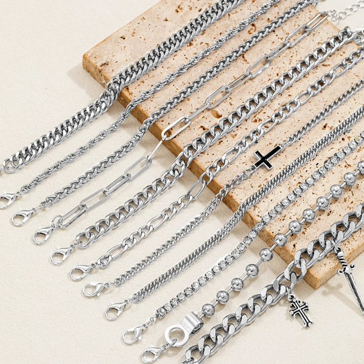 Metal Chain Design Cross Bracelet Set, Multi-Layer Beaded Fashion Accessory, Unisex Punk Style Jewelry, 11 Pieces Bracelet Stacks, Stacked Design Bracelets, Chain Bracelet Pack