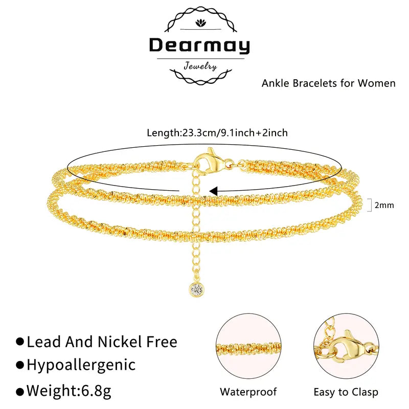 Dearmay Gold Ankle Chain Jewelry for Women with Zirconia Pendant Summervibes Double-Layer Ankle Bracelets Elegant Summer Beach Gift for Teen Girls&Mother
