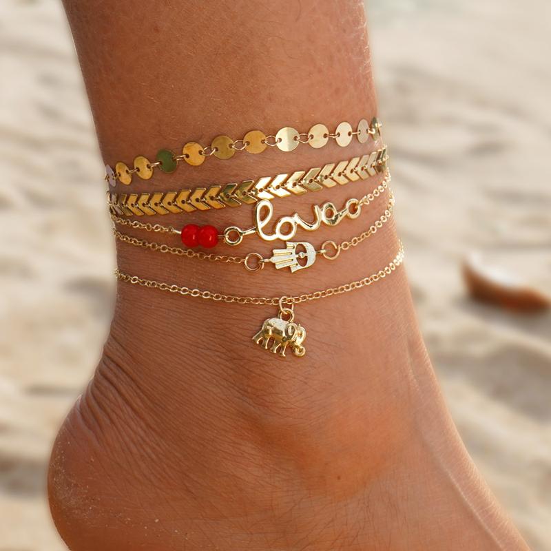 Female Gold-Layered Anklets - Boho Chevron Pattern, Hamsa Hand, Elephant Foot, Geometric, Love Letter Bead Animal Layering Foot Chains for Summer Gifting (Sports & Outdoor Camping & Hiking Hammocks Accessory)