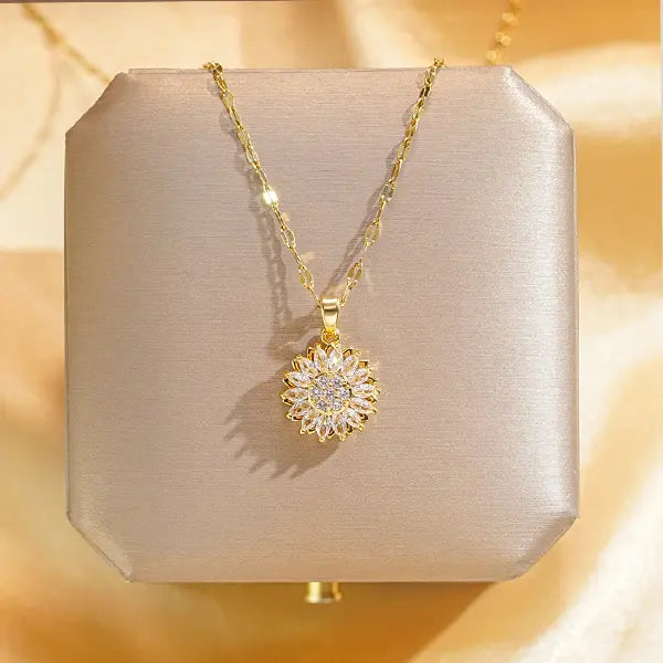 Fashionable Jewelry Rotating Sunflower Pendant Necklace Set, Flower Necklaces with Exquisite Chain & Gift Box, Thoughtful Present for Women for Birthday Mother's Day Daily Wear