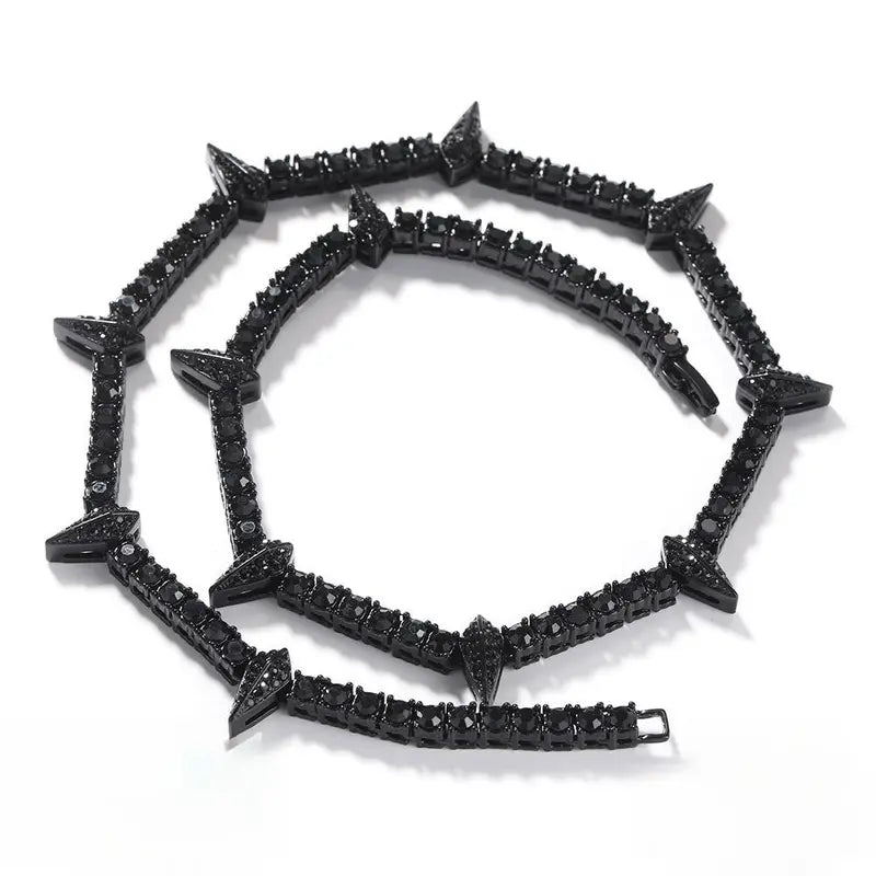 Men's Iced Out Spike Tennis Chain Necklace, Cubic Zirconia Statement Jewelry, Hip Hop Streetwear Punk Style, 18/20/22/24 Inch, Black Silver Gold Pink Blue Black Purple