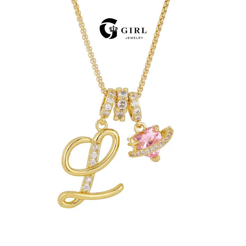 GGIRL Dopamine Alphabet Initial Necklace - 26 English Letter Pendants, Pink Holiday Heart Design, Colorful Initial Necklaces, Fashionable Accessory, Cute Girly Trendy Teen Gifts