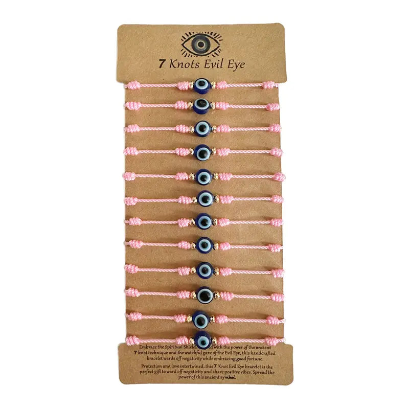 12pcs Evil Eye 7 Knot Lucky Bracelets, Rakhi for Brother and Bhabhi Adjustable Red String Amulet for Women Men with Gold Bead, Protection Jewelry Hand Bracelet