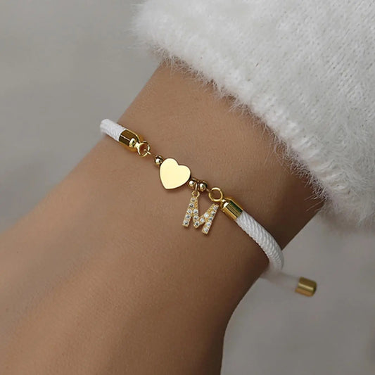 Initial Heart Charm Letter Link Bracelet, Fashion All-match Jewelry for Women, Retro Adjustable Rope Bracelet for Daily Use, Fashionable Bracelet Style