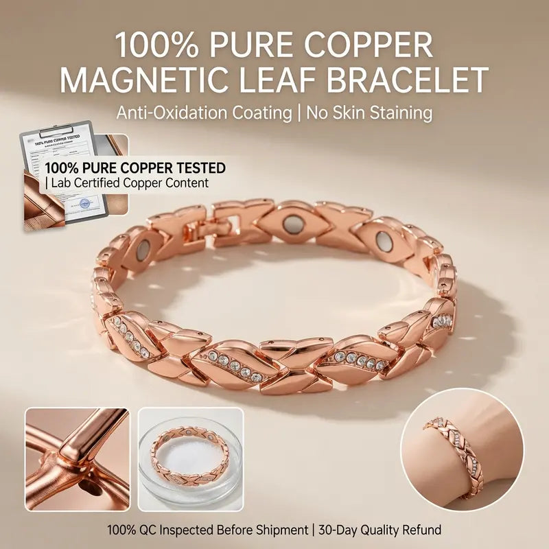 Women's leaf bracelet, pure copper magnetic bracelet with diamonds, 3500 gauss effective magnet, outdoor fun